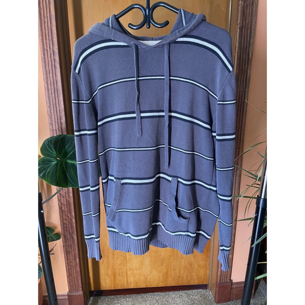 Retrofit Mens XL Grey Striped Knit Hoodie Handmade Streetwear Pullover Sweater
